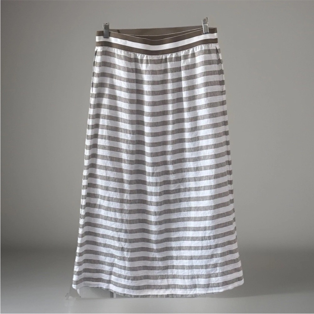 J Jill Love Linen (100%) Maxi Skirt‎ Sz-M Pockets Brown/Tan Striped New W/O Tags